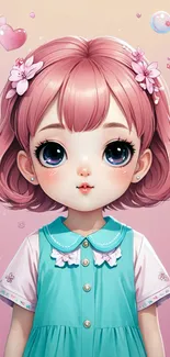 Cute anime girl with pink hair and big eyes.