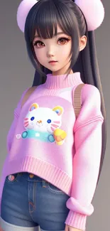 Cute anime girl in pink sweater with fluffy hairbands and denim shorts.