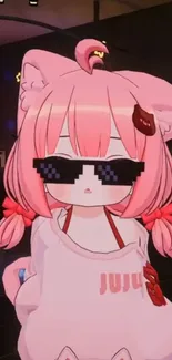 Adorable pink anime girl with sunglasses in a stylish design.