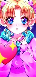 Adorable anime girl with pink and purple hues, sparkly eyes, and heart emoji.