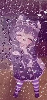 Cute anime girl with raindrops on glass, in purple attire.