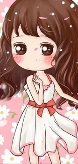 Adorable anime girl with pink floral background.