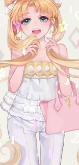 Charming anime girl with long blonde hair, holding a pink bag against a soft cream background.