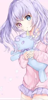 Anime girl with unicorn toy in pastel colors.