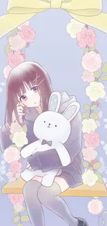 Cute anime girl with bunny on pastel floral swing.