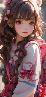 Charming anime girl with soft pink hues and kawaii details in a mobile wallpaper design.