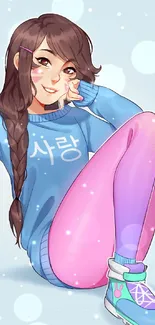 Anime girl in blue hoodie holding a smartphone in cute digital art style.