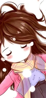 Cute anime girl in winter attire with snowflakes and pastel colors.