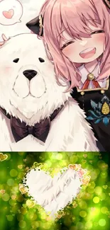 Anime girl smiling with fluffy white bear.