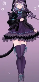 Anime girl with cat and purple background.