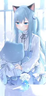 Anime girl with cat ears and blue hair in a charming scene.