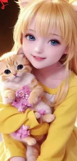 Anime girl with kitten in yellow dress, cute and whimsical.
