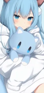 Anime girl hugging a plush kitty with light blue hair and background.