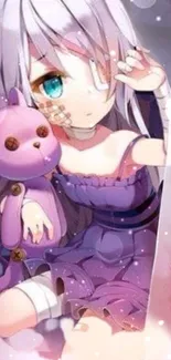 Anime girl with plush toy in purple-themed background.