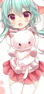 Cute teal-haired anime girl holding a plush toy on a rose pink background.