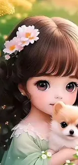 Anime girl with a puppy in a floral setting.