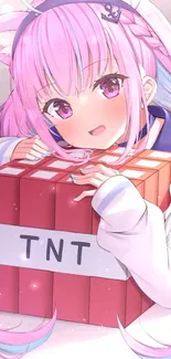 Cute anime girl with pink hair holds a TNT block, perfect for mobile wallpaper.