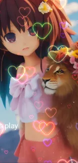 Anime girl with toy lion in a colorful outdoor scene.