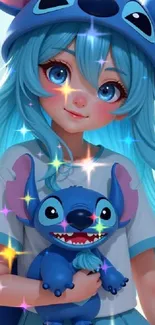 Cute anime girl with blue hair and toy, vibrant colors, sparkling effect.