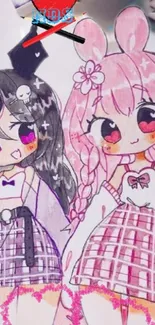 Two cute anime girls in pink and black outfits with kawaii style.