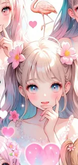Cute anime girls with flowers and flamingos in pink hues.