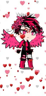 Anime character with pink wings and hearts background.