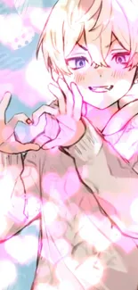 Anime character forming a heart with hands on a pastel blue background.