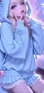 Anime girl in blue hoodie with magical background.
