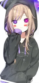 Anime girl wearing a black hoodie with pink eyes and soft smile.