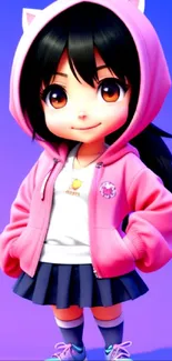 Adorable anime girl in pink hoodie on mobile wallpaper