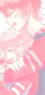 A pastel pink anime illustration of two characters hugging.