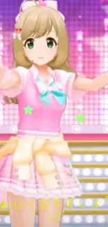 Anime idol in pink outfit with colorful stage lights.