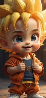 Anime inspired kid with yellow hair and orange outfit in cartoon style.