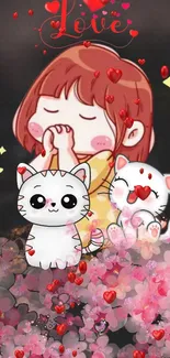 Anime wallpaper with kawaii cats and a girl surrounded by hearts and flowers.