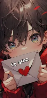 Anime character with 'te amo' letter and red heart.