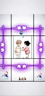 Cute anime couple with violet accents and playful snowman decor.