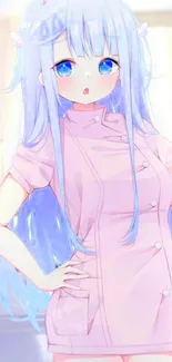 Cute pastel anime nurse wallpaper with blue hair and pink outfit.