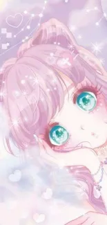 Cute anime girl with pastel colors and sparkling eyes in dreamy setting.