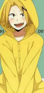 Anime character in yellow Pikachu onesie with a playful smile on mobile wallpaper.