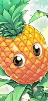 Whimsical anime-style pineapple with big eyes in a tropical setting.