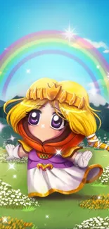 Cute anime character with rainbow background, vibrant and colorful design.