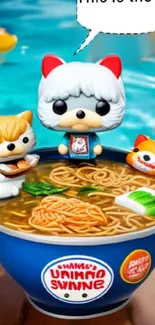 Anime characters in ramen bowl by poolside.