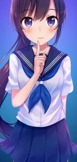 Anime schoolgirl in a blue sailor uniform with a purple background.