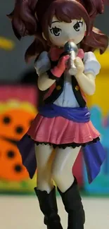 Cute anime figure singing with vibrant background.