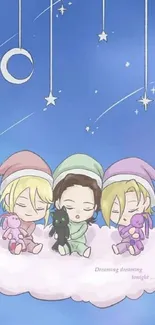 Cute anime characters sleeping on a cloud under a starry sky.