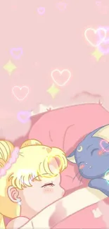 Anime girl and cat sleeping with pink heart background.