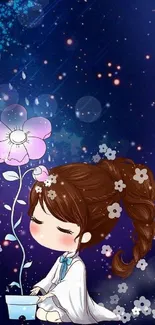 Cute anime girl with flower under starry night sky wallpaper.