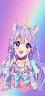 Cute anime unicorn character on a pastel background.