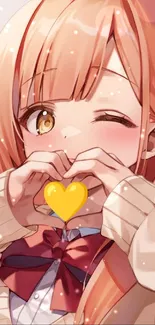 Cute anime girl making a heart gesture and winking.