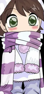 Cute anime character in lavender scarf and cozy winter attire.